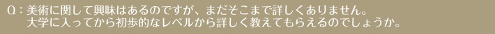 Q：美術に関して興味はあるのですが、まだそこまで詳しくありません。大学に入ってから初歩的なレベルから詳しく教えてもらえるのでしょうか。